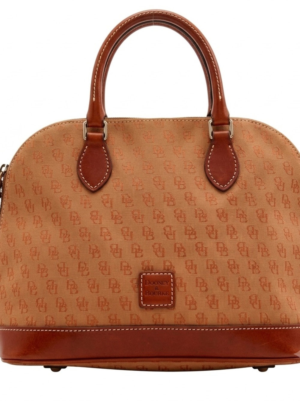 Dooney & Bourke Tan Monogram Dome Satchel with Brown Leather Trim